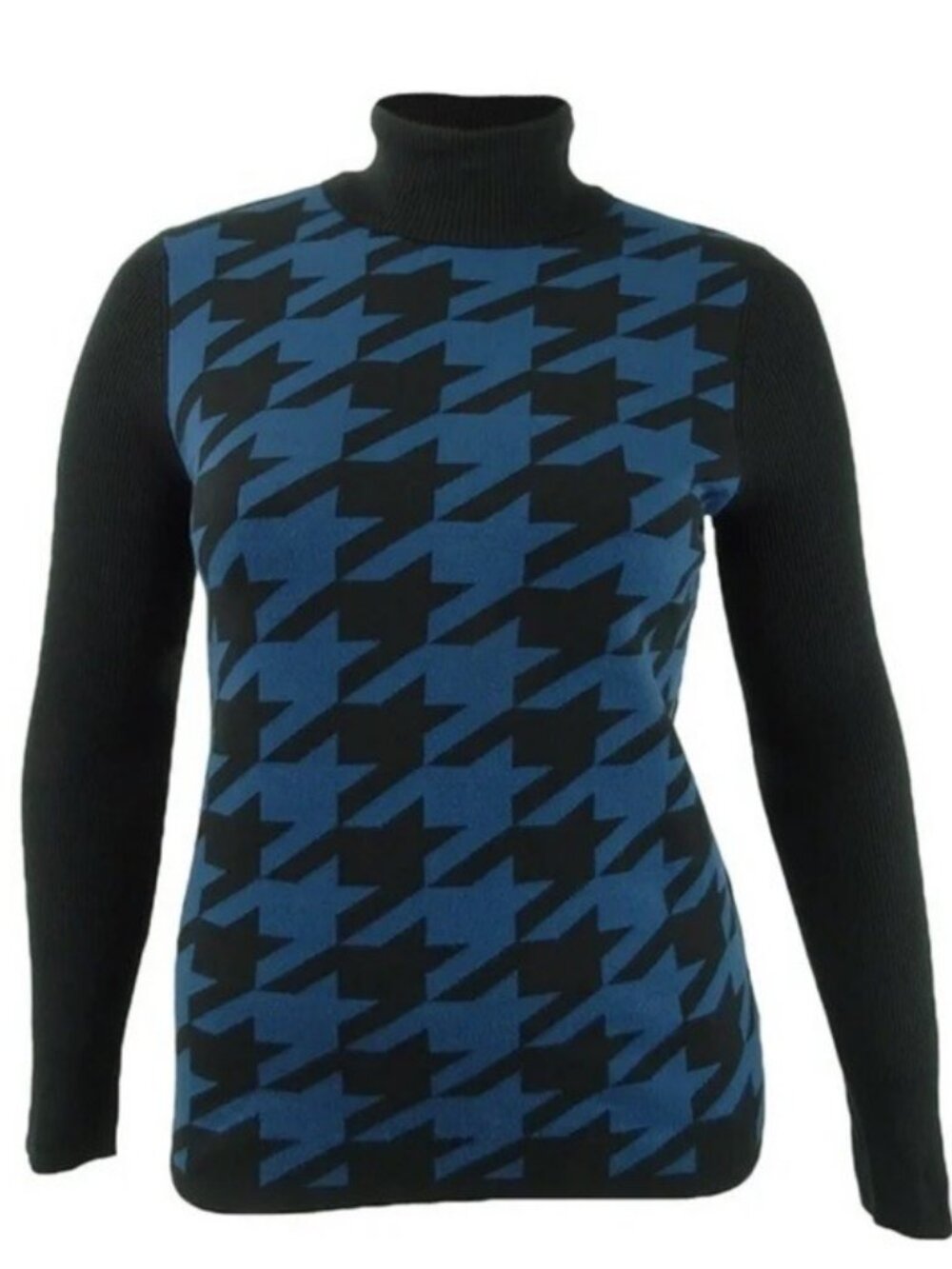 Anne Klein Women's Houndstooth Check Turtleneck Sweater Black/Blue Size M